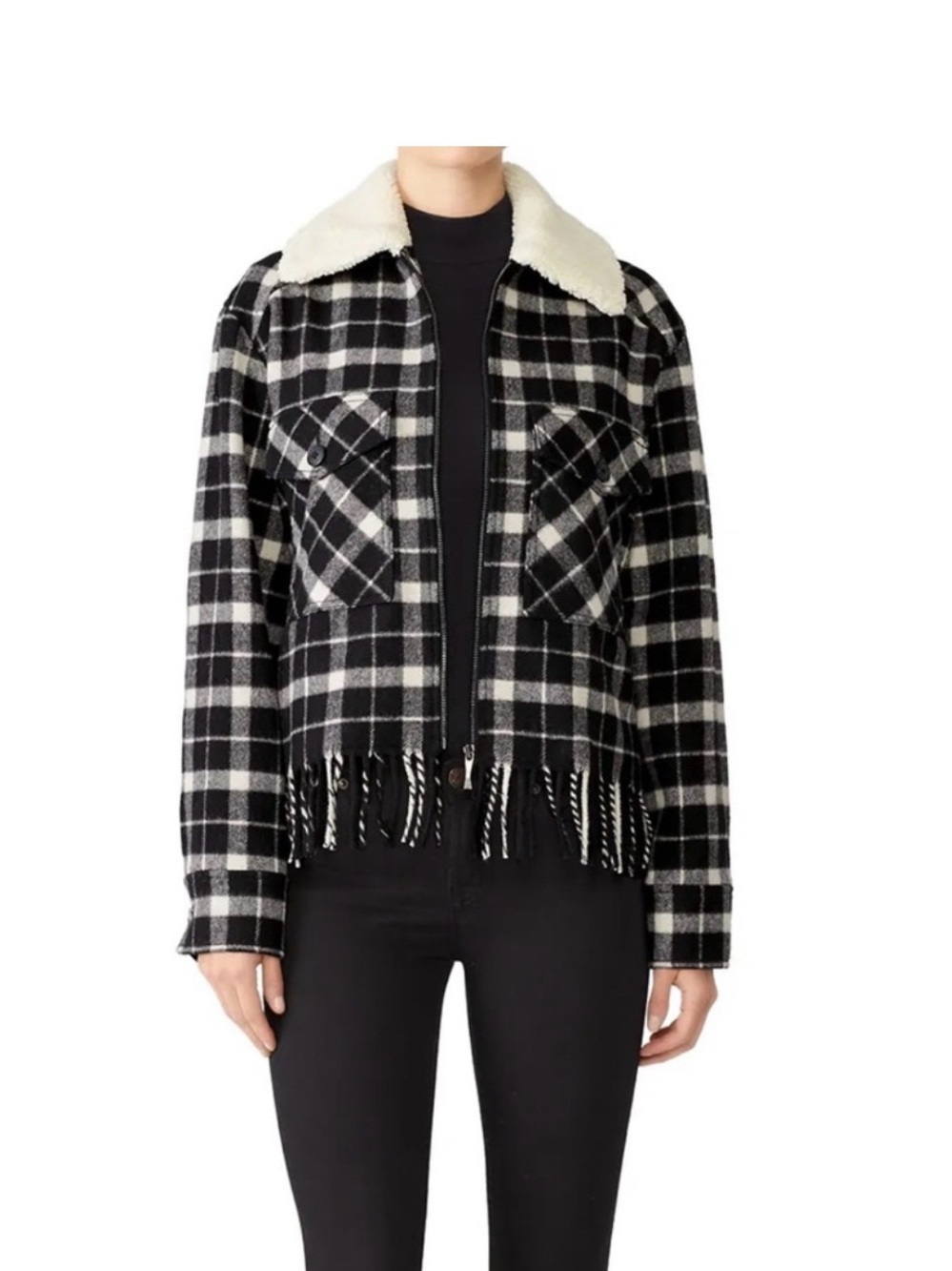 kate spade Black & Cream Plaid Fringe Sherpa Collar Jacket
